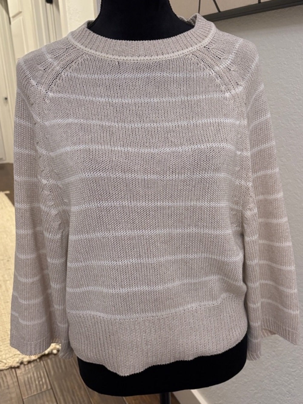 Max Studio Light Gray Striped Crew Neck Sweater EUC